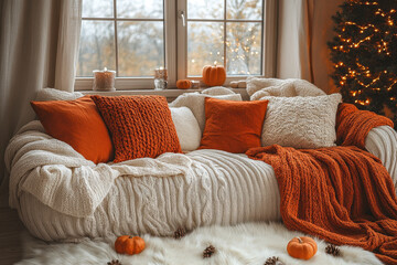 White couch with orange pillows in a cozy living room.