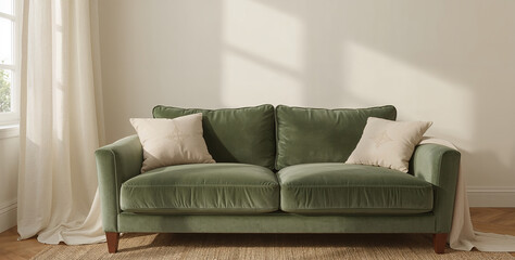 Interior, empty wall mockup of a plush green velvet sofa with cream cushions in a bright, airy living room with natural light 3d render real template