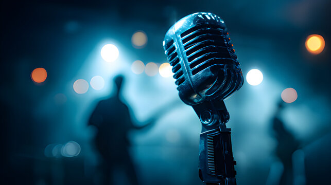 Microphone on stage blurred music singing concert. Music contest talent show. Blurred sing contest microphone concert stage background. Retro concert sound check stage vintage performance. 