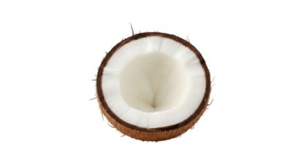 A halved coconut is displayed against an isolated on transparent background, showcasing its tropical nature, fresh texture, and nutritional benefits, perfect for healthy eating concepts