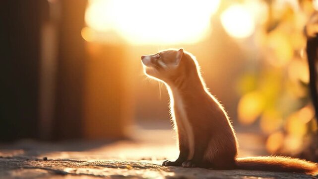 A brown weasel sits under the sun gazing upwards with sunlight rimming its fur