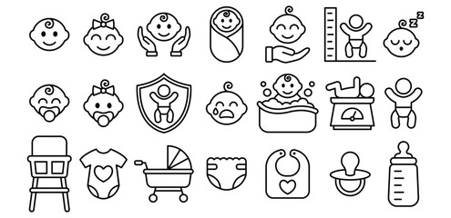 Baby Line Icon A Collection of Cute Infant and Toddler Illustrations Vector Design, Child, Newborn, Baby Shower, Family, Children, Diaper, Stroller, Isolated White Background