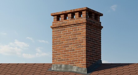 Brick chimney on rooftop against blue sky