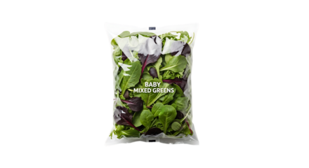 Bag of baby mixed greens, isolated on transparent background, a convenient and healthy option for salads and meals, offering a fresh and nutritious choice