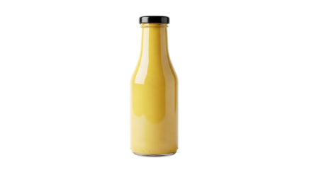 A bottle of yellow smoothie, a refreshing and healthy beverage, sealed with a black cap, isolated on transparent background