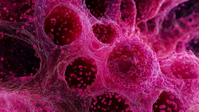 Dynamic medical visualization of eosinophil movement beneath translucent skin layers showing brightpink cellular infiltration patterns.