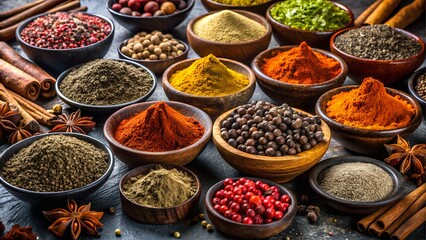 Fototapeta premium Colorful assortment of spices and herbs