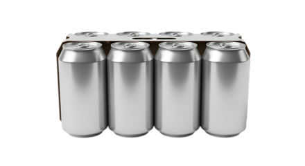 Six aluminum soda cans in a pack isolated on transparent background, a refreshing and cold beverage, mockup for label and package design, ideal for advertising and promotion