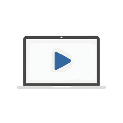 A flat design illustration of a laptop computer with a large blue play button on the screen.