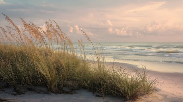 Calm coastal shoreline with sea oats swaying, soft pastel sky, gentle waves lapping peaceful atmosphere