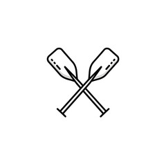 A minimalist black line art icon of two crossed paddles, representing canoeing, rafting, or boating.