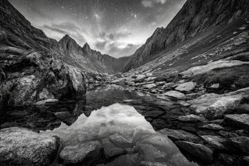 Black and white mountain valley reflecting a starry sky