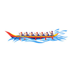 Dragon boat team powerfully rowing across water, vibrant colors, stylized illustration.