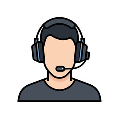 An icon of a person with dark hair wearing a headset with a microphone, representing a call center agent or gamer.