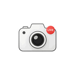 A flat design illustration of a white camera with a red 'LIVE' notification, symbolizing a live broadcast or video stream.