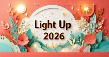 Fototapeta premium Papercraft illustration features vibrant foliage, glowing orbs, text Light Up 2026. Warm colors dominate design, creating cheerful atmosphere.