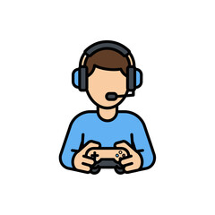 A cartoon icon of a young man wearing a headset and playing with a game controller.