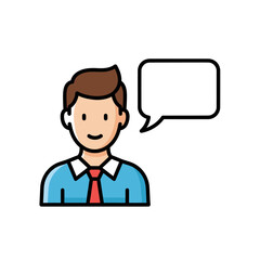 A colorful icon of a smiling businessman in a blue shirt and red tie with a blank speech bubble.