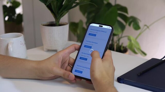 Male hands with a phone scroll through the list of vacancies in the IT sphere and respond to the most suitable one. Direction of the employer's resume. Job search.
