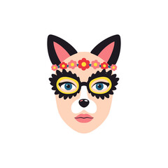 A woman's face with a whimsical dog mask, adorned with flowers and glasses.