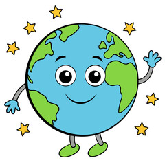 Fototapeta premium Happy cartoon earth character waving surrounded by stars isolated on white background