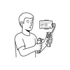 A young man vlogging, holding a smartphone mounted on a gimbal for steady video recording.