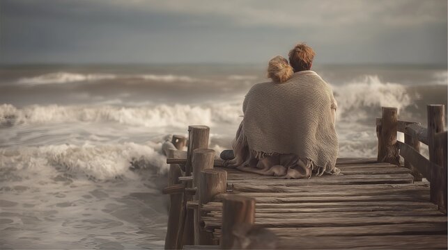 Couple watching the waves from a weathered dock, wrapped in a linen blanket poetic intimacy