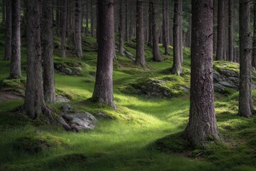 Obraz premium Sunlight filtering through a dense pine forest