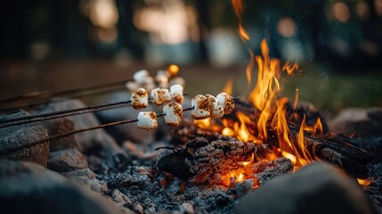 Close-up of marshmallows roasting over golden campfire with soft glow.