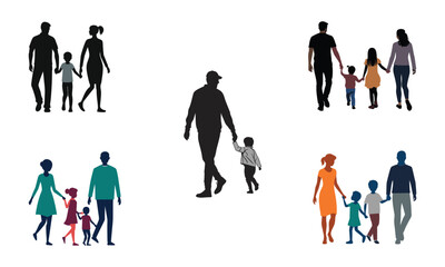Diverse silhouettes of families walking together outdoors representing unity togetherness and generational connection