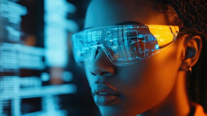 Futuristic woman with digital technology goggles looking at computer screens. - Powered by Adobe