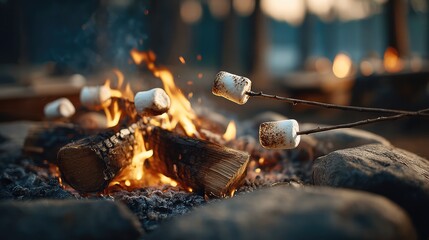 Close-up of marshmallows roasting over golden campfire with soft glow.