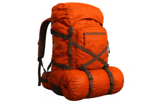 Orange hiking backpack displaying rolled sleeping bag, positioned on clean white backdrop, highlighting outdoor gear functionality