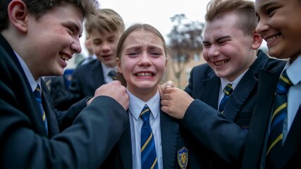 Girl student facing bullying by male students, showing signs of distress and crying, concept of school harassment and conflict resolution footage. - Powered by Adobe