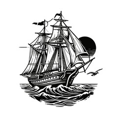 Vintage tall sailing ship on the sea, hand-drawn vector illustration