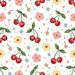 A cheerful and seamless summer pattern featuring a delightful mix of juicy red cherries and cute, colorful ditsy flowers for a sweet and playful retro design.
