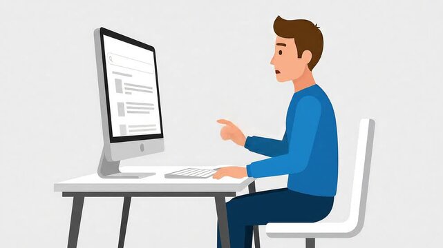 Young man focused on searching online at a computer desk, with a minimalist workspace background