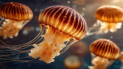 Golden jellyfish, striped, underwater, luminous