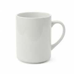 A Clean White Ceramic Mug with a Simple Cylindrical Design and a Comfortable Handle, Perfect for Hot Beverages Like Coffee or Tea, Isolated on a White Background for Product Mockups
