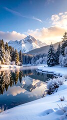 Winter wonderland landscape, snow-covered mountains, serene lake reflection