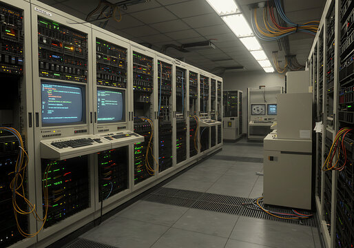 Vintage Computer Server Room with Glowing Lights.