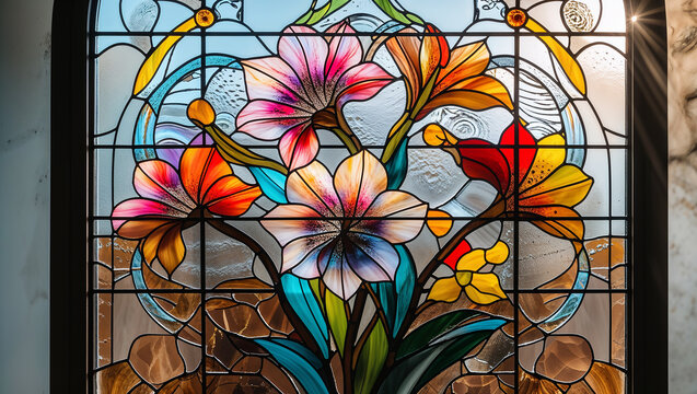 Vibrant Floral Stained Glass Artwork with Colorful Flowers - Powered by Adobe