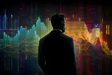 Abstract image of a person's silhouette overlaid with cryptocurrency charts and graphs