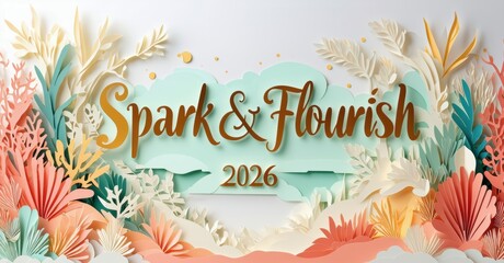 Fototapeta premium Floral design features text Spark Flourish with year 2026. Papercut style, soft colors, elegant presentation.