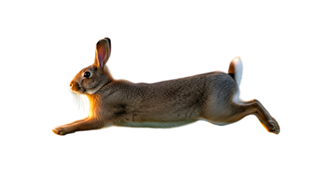 Brown rabbit in mid air leaping and running isolated on transparent background