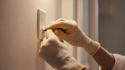 An electrician carefully working on a light switch, ensuring proper wiring and electrical safety.