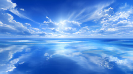 Obraz premium Bright sunny sky with cumulus clouds reflecting on calm ocean water, ethereal and peaceful blue landscape, perfect weather serenity blue sky, cumulus clouds, water reflection, calm