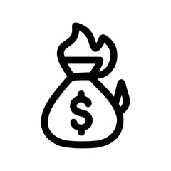 Minimalist Line Money Bag on Fire Icon for Financial Crisis
