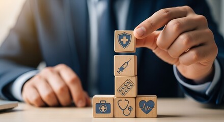 Stacking Wooden Blocks Depicting Medical Icons Representing Health Insurance and Healthcare Services
