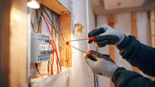 Electrician at work: Installing or repairing electrical wiring in a home's electrical panel.
